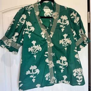 Entro Boutique Green Floral Smocked Ruffle Neck Blouse Boho Top M NWOT